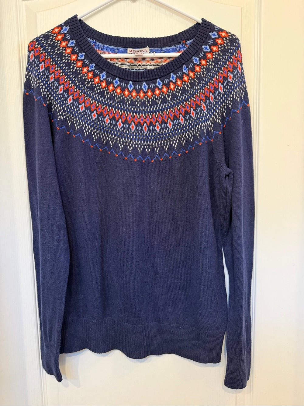 Merona Fair Isle Sweater XL Navy Red Blue Nordic Scandinavian Crewneck